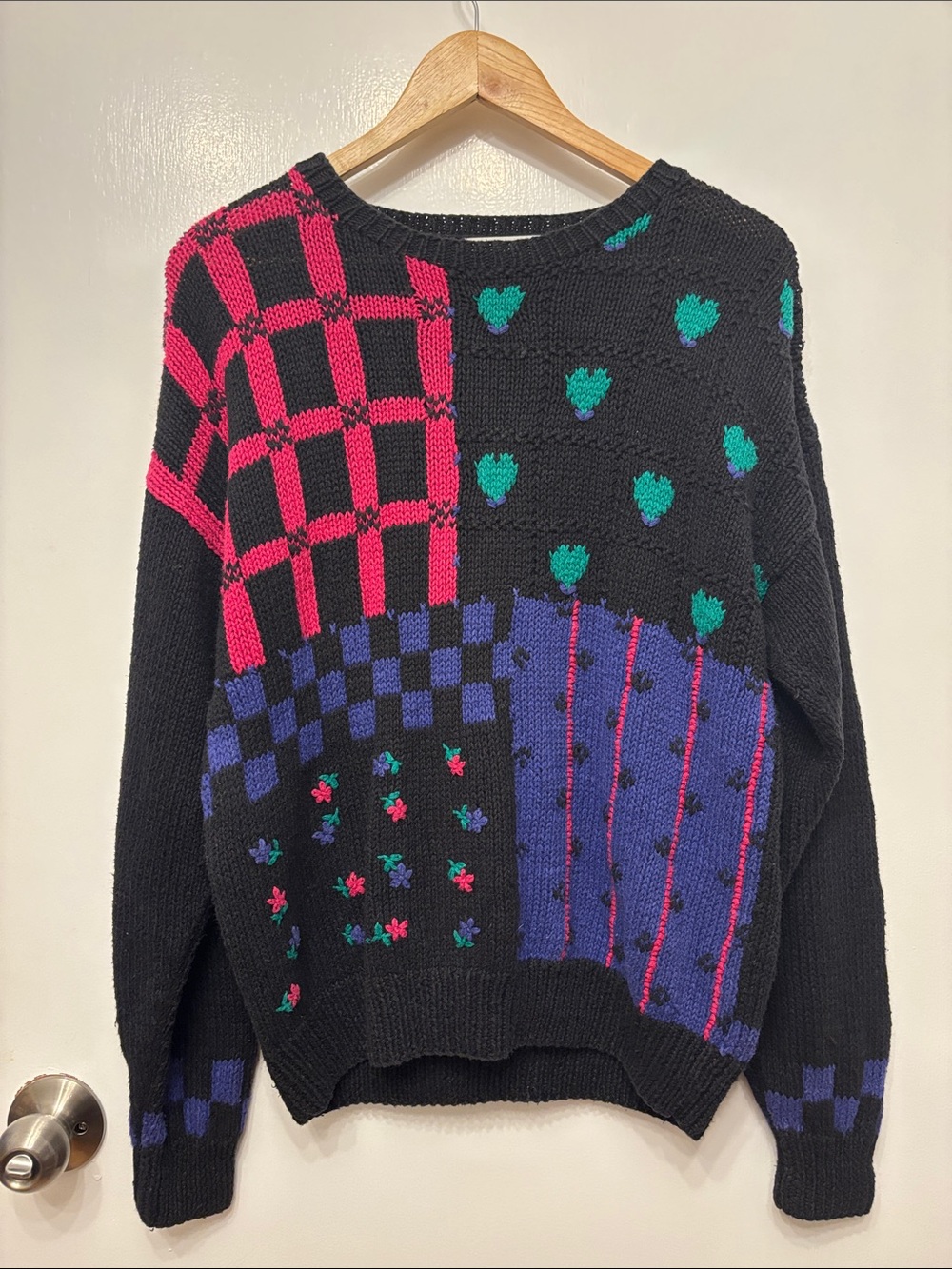 Vintage 80s Black Patchwork Knit Sweater with Pink and Teal Accents